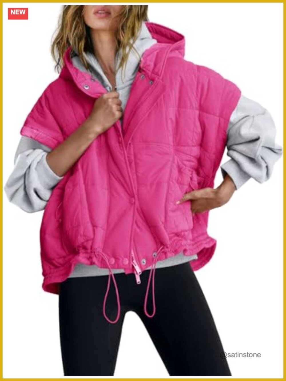 Womens Oversized Quilted Puffer Vest Hooded Sleeveless Zip Up Pockets
